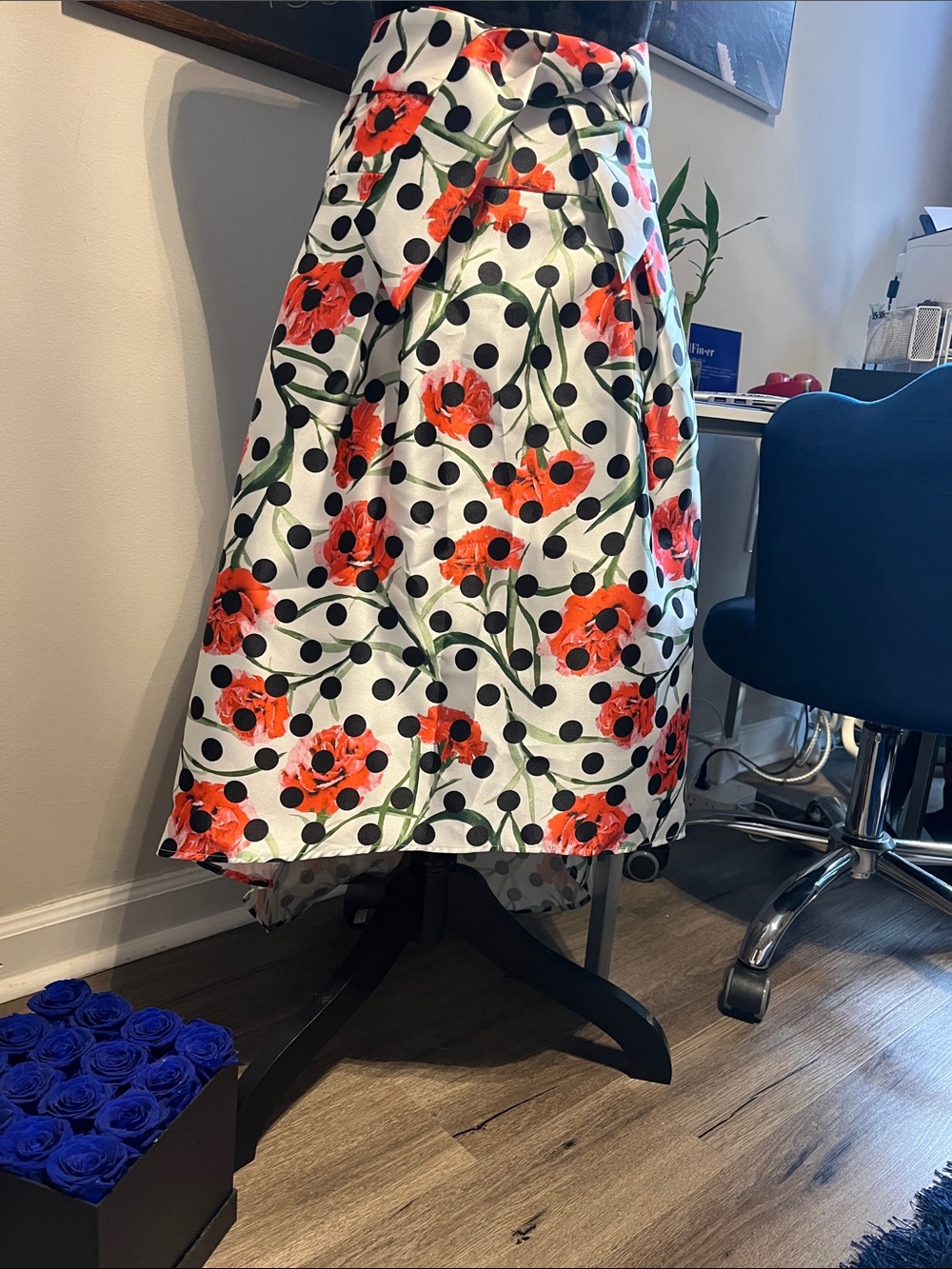 Ark & Co White High-Low Skirt with Black Polka Dots & Red Floral Print